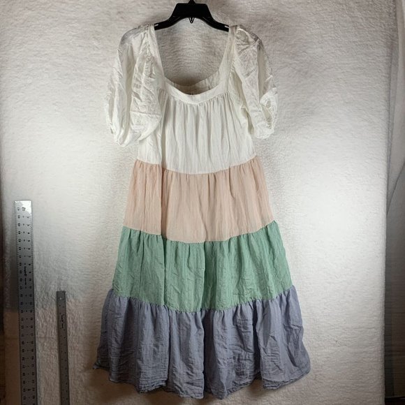 Aura Dresses & Skirts - Aura Peasant Dress Women's‎ Small Colorblock Tiered Puff Sleeve Midi 7130